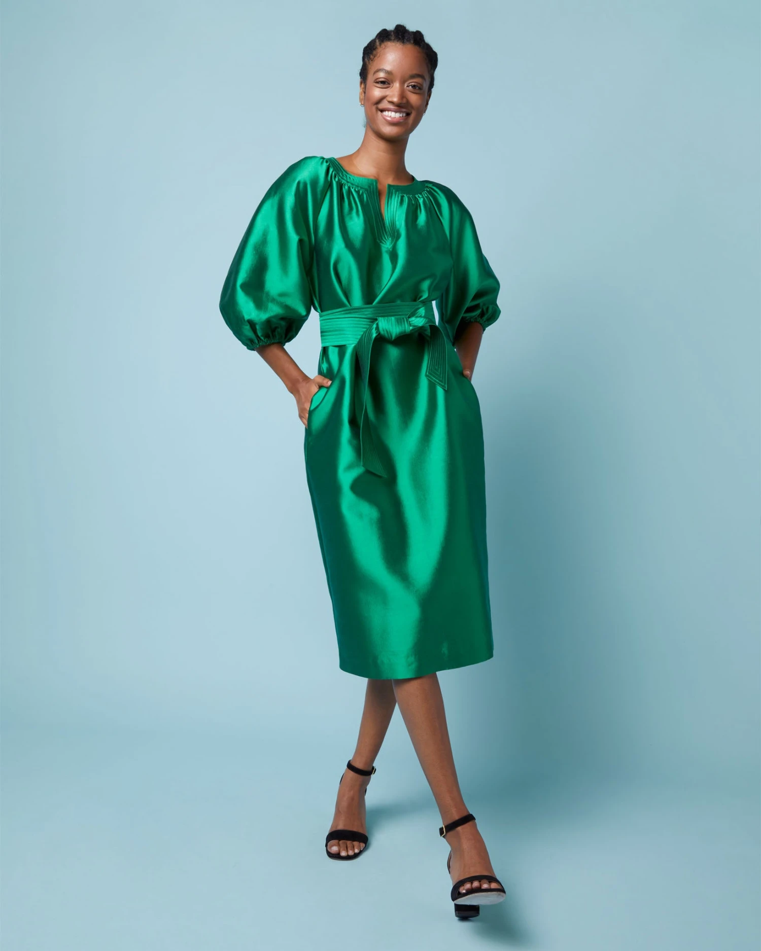 Trapunto Blouson Dress In Emerald Silk/Wool 12 Trapunto Blouson Dress In Emerald Silk/Wool - Image 12
