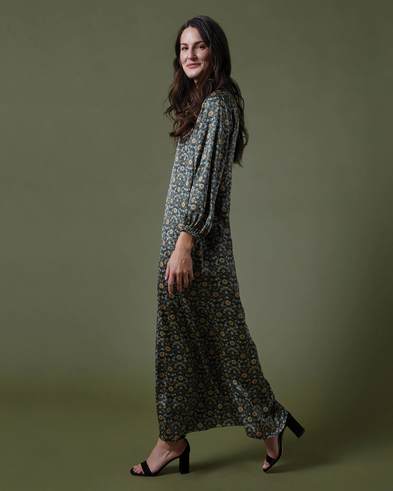 Long-Sleeved Paige Maxi Dress In Hunter/Gold Moon Flower Liberty Fabric Silk 7 Long-Sleeved Paige Maxi Dress In Hunter/Gold Moon Flower Liberty Fabric Silk - Image 7