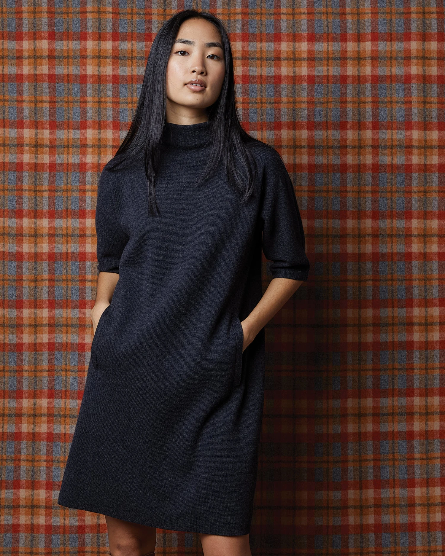 Rowan Short-Sleeved Funnel-Neck Dress In Heather Coal Merino Wool 8 Rowan Short-Sleeved Funnel-Neck Dress In Heather Coal Merino Wool - Image 8