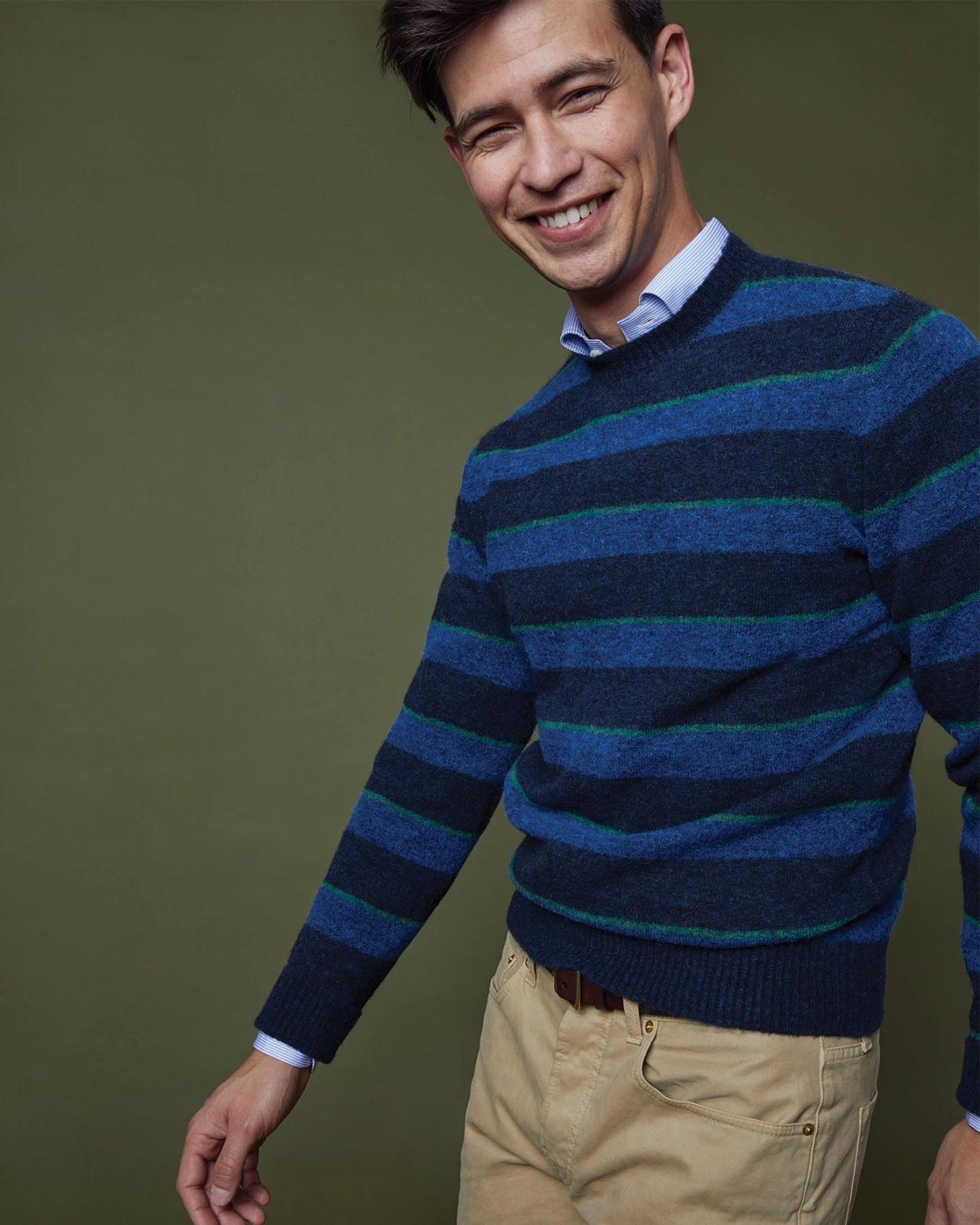 Crewneck Sweater In Cobalt/Green/Navy Stripe Brushed Alpaca/Wool Blend 2 Crewneck Sweater In Cobalt/Green/Navy Stripe Brushed Alpaca/Wool Blend - Image 2