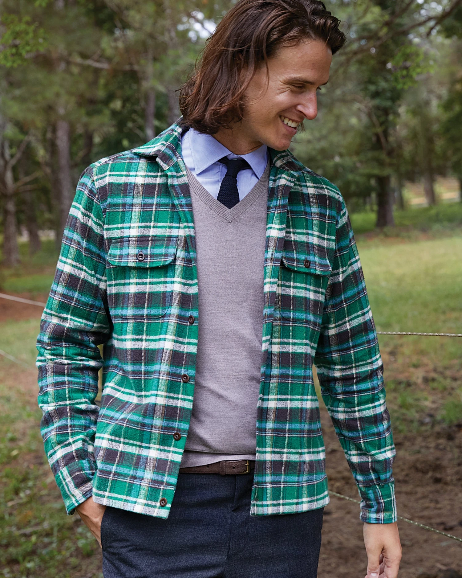 Band-Hem Work Shirt In Green/Brown/Sky Plaid Twill 2 Band-Hem Work Shirt In Green/Brown/Sky Plaid Twill - Image 2