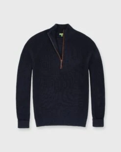 Half-Zip Thermal-Stitch Sweater In Navy Cotton/Cashmere