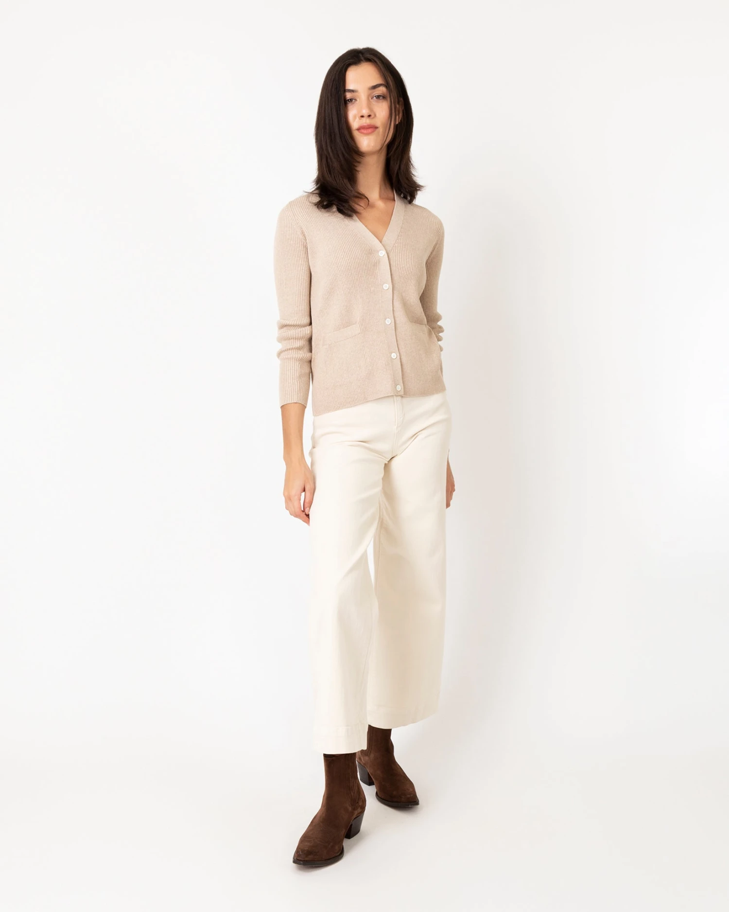 Nia Long-Sleeved Ribbed Cardigan In Oatmeal Cotton/Silk Blend 3 Nia Long-Sleeved Ribbed Cardigan In Oatmeal Cotton/Silk Blend - Image 3