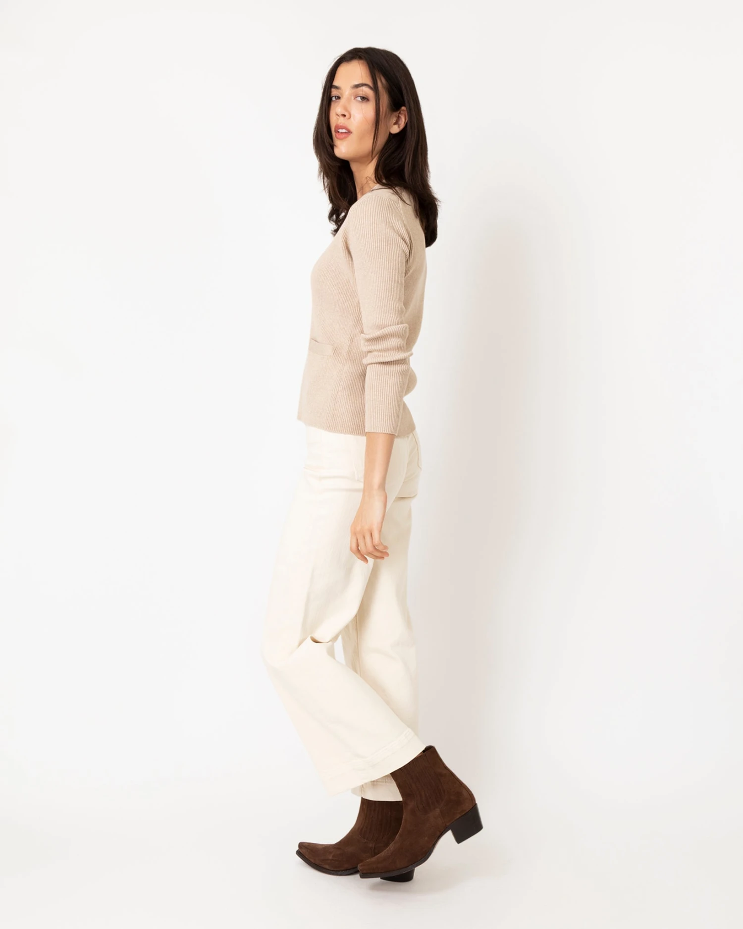 Nia Long-Sleeved Ribbed Cardigan In Oatmeal Cotton/Silk Blend 4 Nia Long-Sleeved Ribbed Cardigan In Oatmeal Cotton/Silk Blend - Image 4