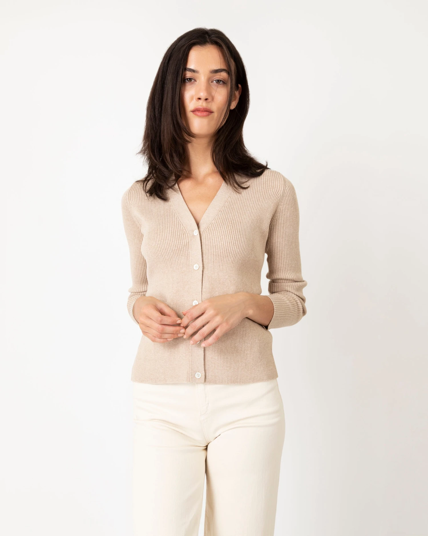 Nia Long-Sleeved Ribbed Cardigan In Oatmeal Cotton/Silk Blend 2 Nia Long-Sleeved Ribbed Cardigan In Oatmeal Cotton/Silk Blend - Image 2