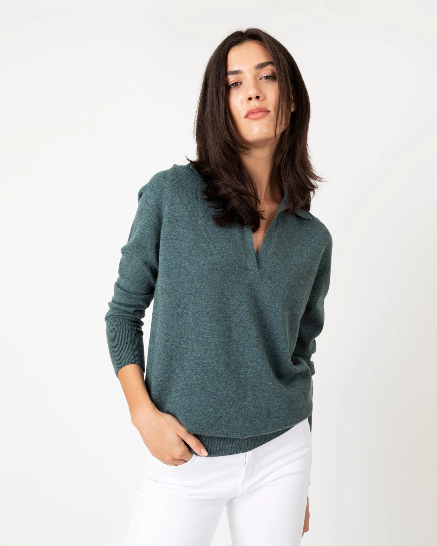 Cydney Johnny-Collar Sweater In Heather Pine Cashmere 2 Cydney Johnny-Collar Sweater In Heather Pine Cashmere - Image 2