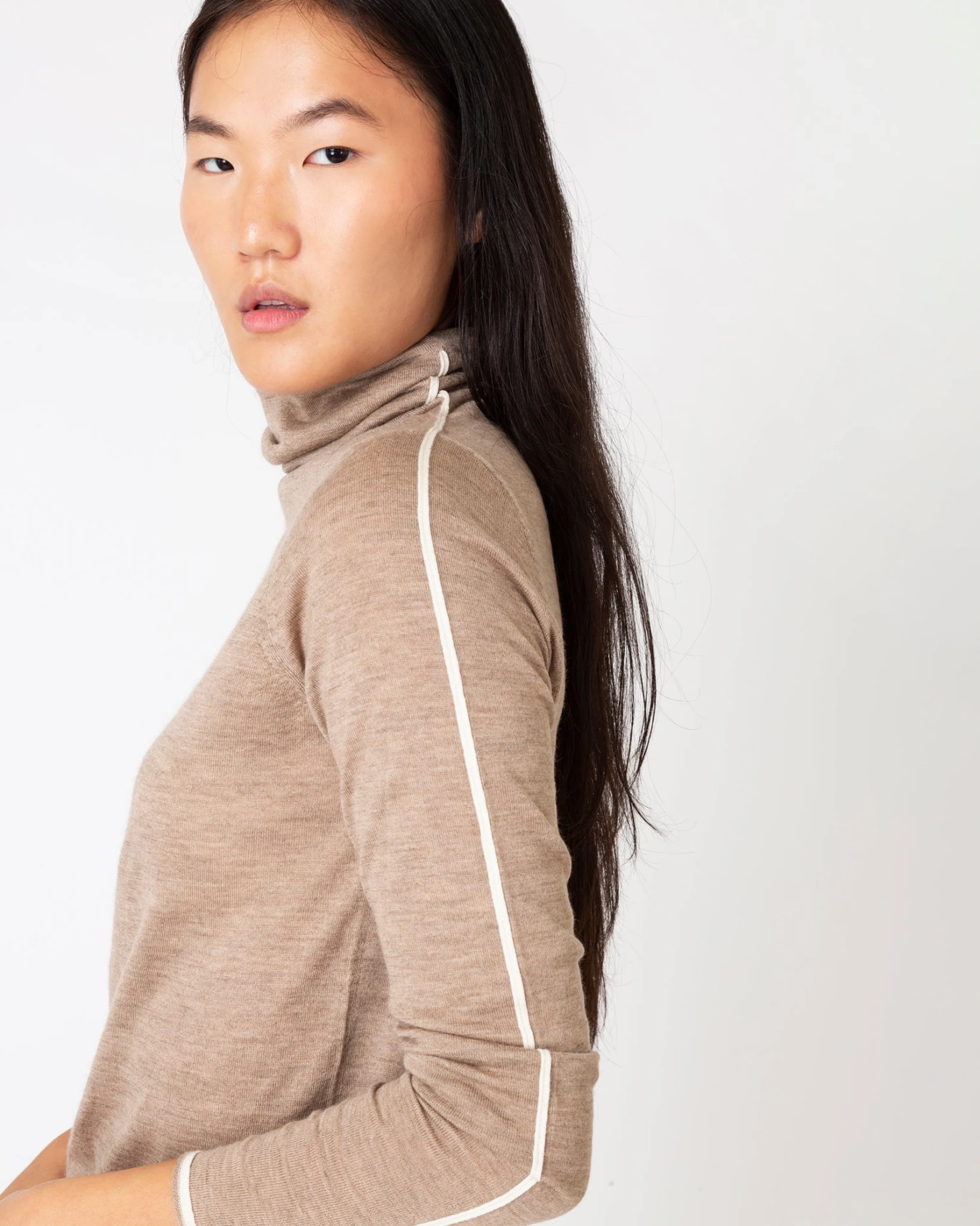 Tipped Funnel-Neck Sweater In Heather Mink Cashmere 2 Tipped Funnel-Neck Sweater In Heather Mink Cashmere - Image 2