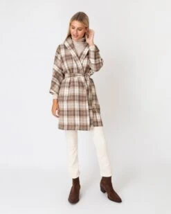 Kimono Carina Coat In Cream/Mink Plaid Wool