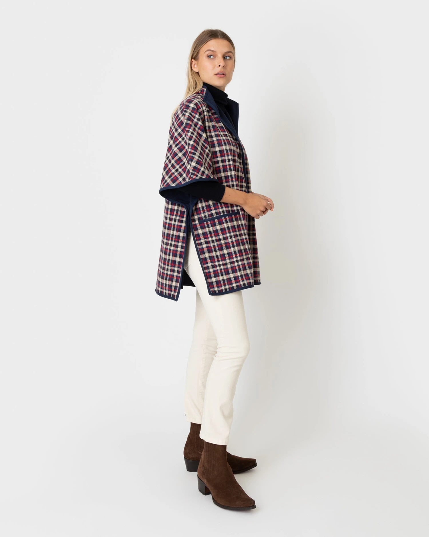 Arya Cape In Navy/Red Multi Plaid Knit 4 Arya Cape In Navy/Red Multi Plaid Knit - Image 4