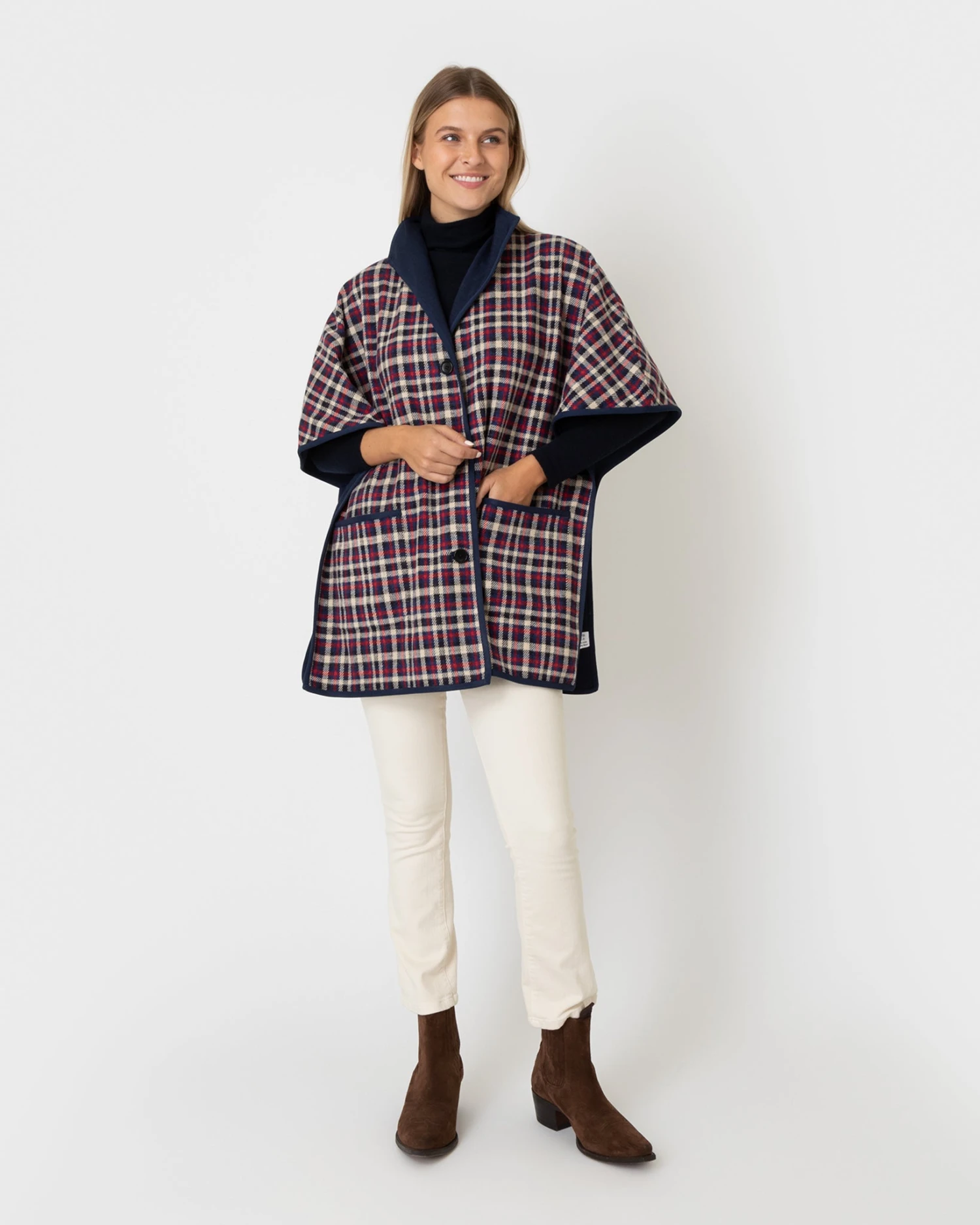 Arya Cape In Navy/Red Multi Plaid Knit 3 Arya Cape In Navy/Red Multi Plaid Knit - Image 3