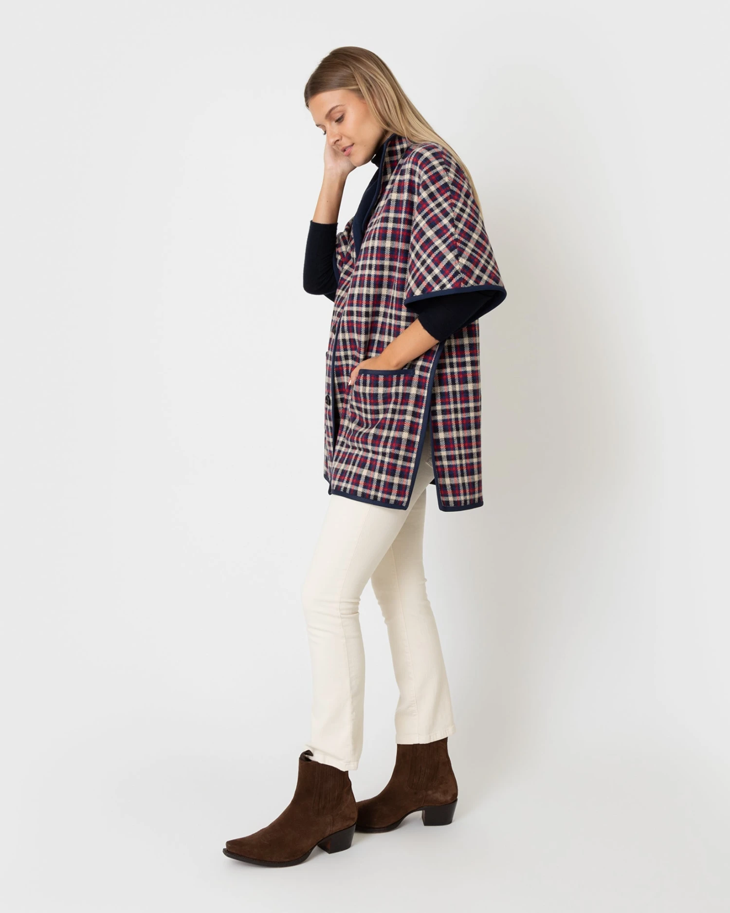 Arya Cape In Navy/Red Multi Plaid Knit 6 Arya Cape In Navy/Red Multi Plaid Knit - Image 6