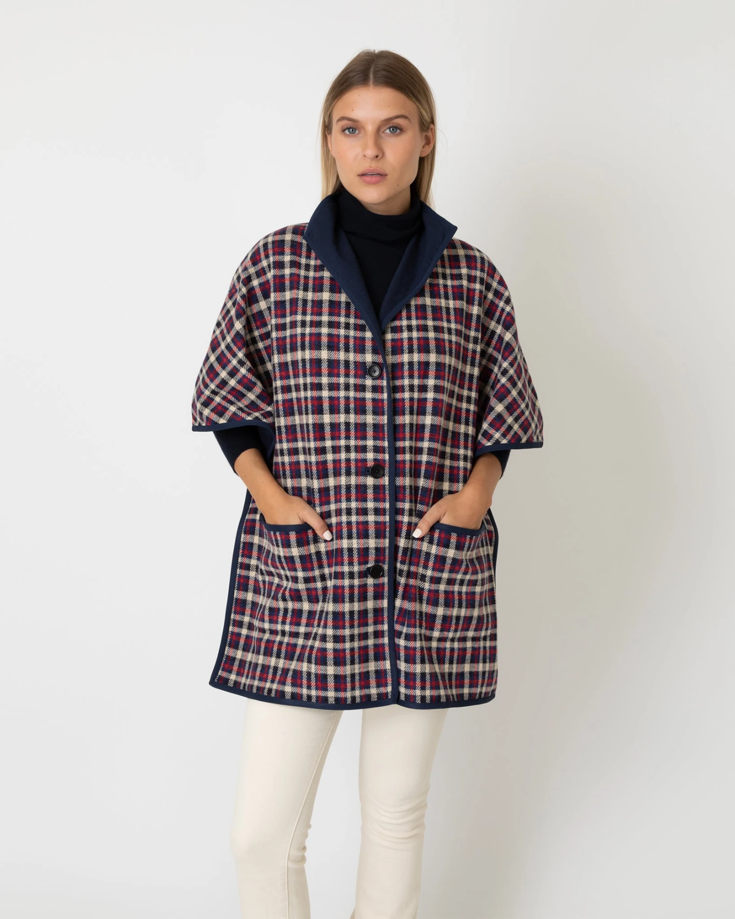 Arya Cape In Navy/Red Multi Plaid Knit 7 Arya Cape In Navy/Red Multi Plaid Knit - Image 7