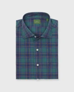 Spread Collar Sport Shirt In Green/Blue/Brown Plaid Poplin
