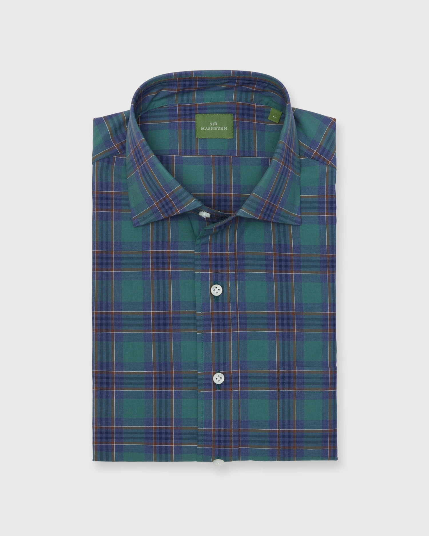 Spread Collar Sport Shirt In Green/Blue/Brown Plaid Poplin 1 Spread Collar Sport Shirt In Green/Blue/Brown Plaid Poplin