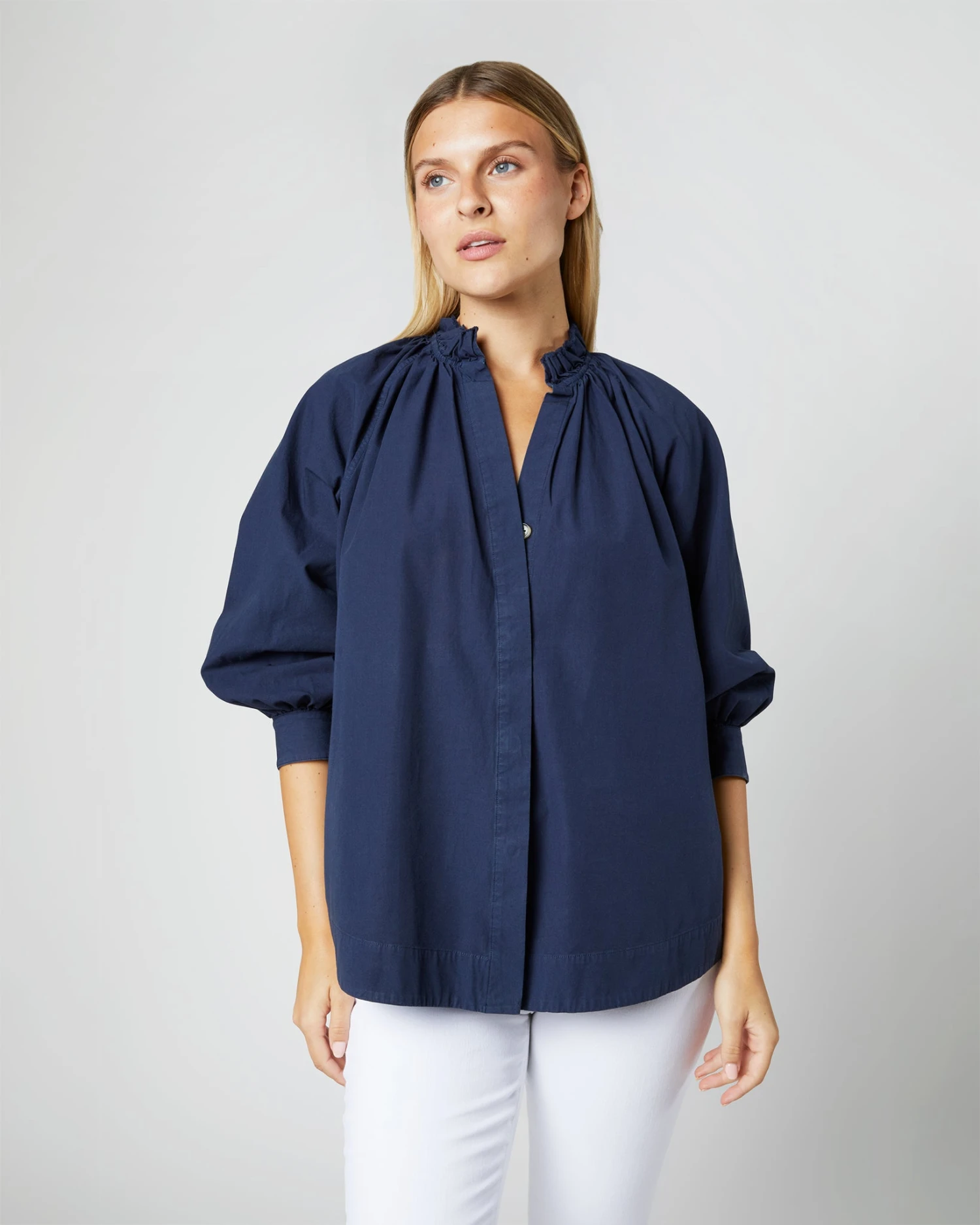Frill Liya Shirt Jacket In Navy Garment-Dyed Stretch Poplin 9 Frill Liya Shirt Jacket In Navy Garment-Dyed Stretch Poplin - Image 9