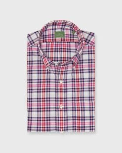 Button-Down Sport Shirt In Berry/Red/Navy Plaid Poplin