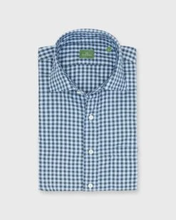 Spread Collar Sport Shirt In Olive/Sky Gingham Twill