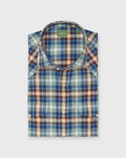 Western Work Shirt In Orange/Blue/Green Plaid Poplin