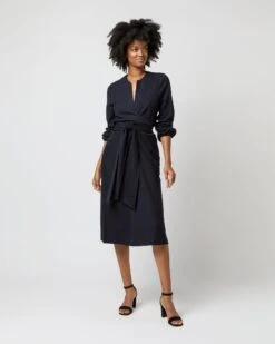 Alejandra Tie Dress In Navy Pinstripe Knit