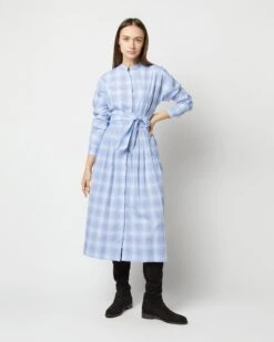 Kimono Shirtwaist Dress In Blue Multi Check Plaid Poplin