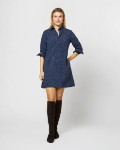 Long-Sleeved Popover Dress In Blue/Navy Leopard Print Nylon