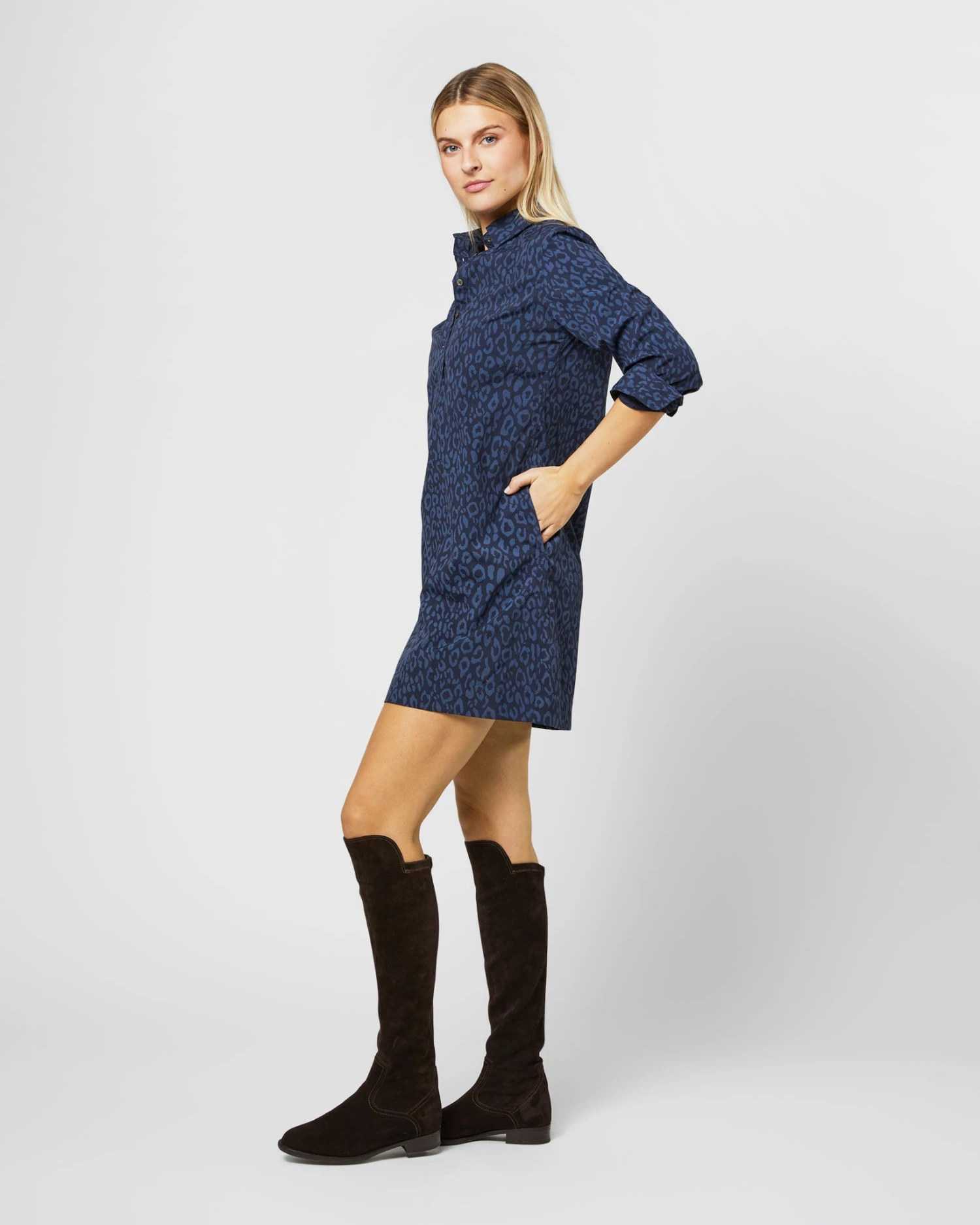 Long-Sleeved Popover Dress In Blue/Navy Leopard Print Nylon 3 Long-Sleeved Popover Dress In Blue/Navy Leopard Print Nylon - Image 3
