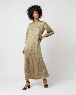 Long-Sleeved Paige Maxi Dress In Gold/Sapphire Sunflower Charmeuse