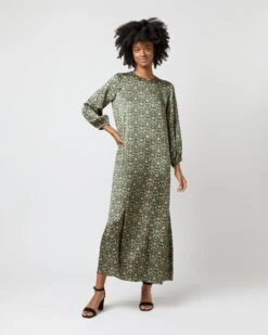 Long-Sleeved Paige Maxi Dress In Hunter/Gold Moon Flower Liberty Fabric Silk