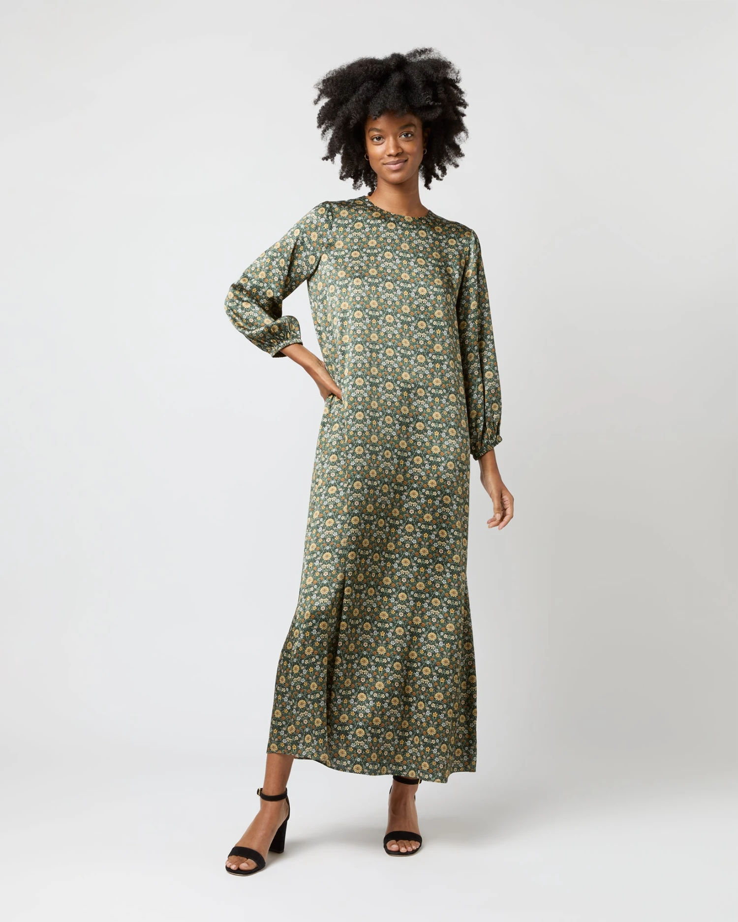 Long-Sleeved Paige Maxi Dress In Hunter/Gold Moon Flower Liberty Fabric Silk 1 Long-Sleeved Paige Maxi Dress In Hunter/Gold Moon Flower Liberty Fabric Silk