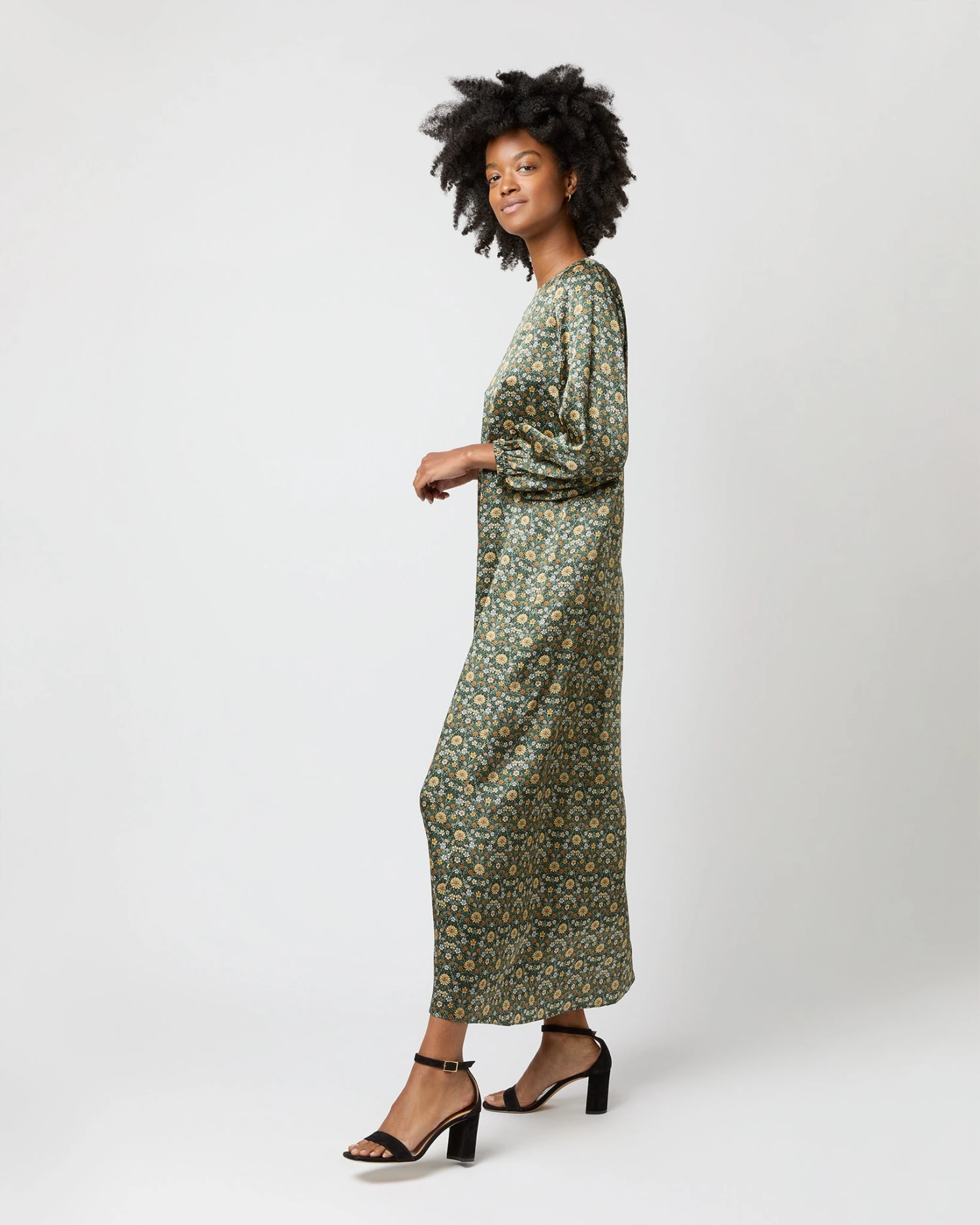 Long-Sleeved Paige Maxi Dress In Hunter/Gold Moon Flower Liberty Fabric Silk 3 Long-Sleeved Paige Maxi Dress In Hunter/Gold Moon Flower Liberty Fabric Silk - Image 3