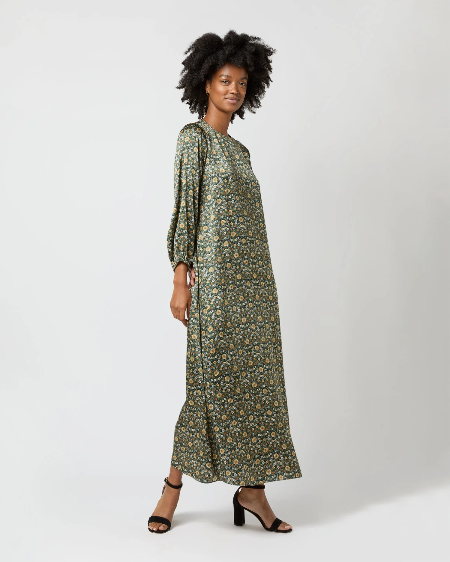 Long-Sleeved Paige Maxi Dress In Hunter/Gold Moon Flower Liberty Fabric Silk 4 Long-Sleeved Paige Maxi Dress In Hunter/Gold Moon Flower Liberty Fabric Silk - Image 4
