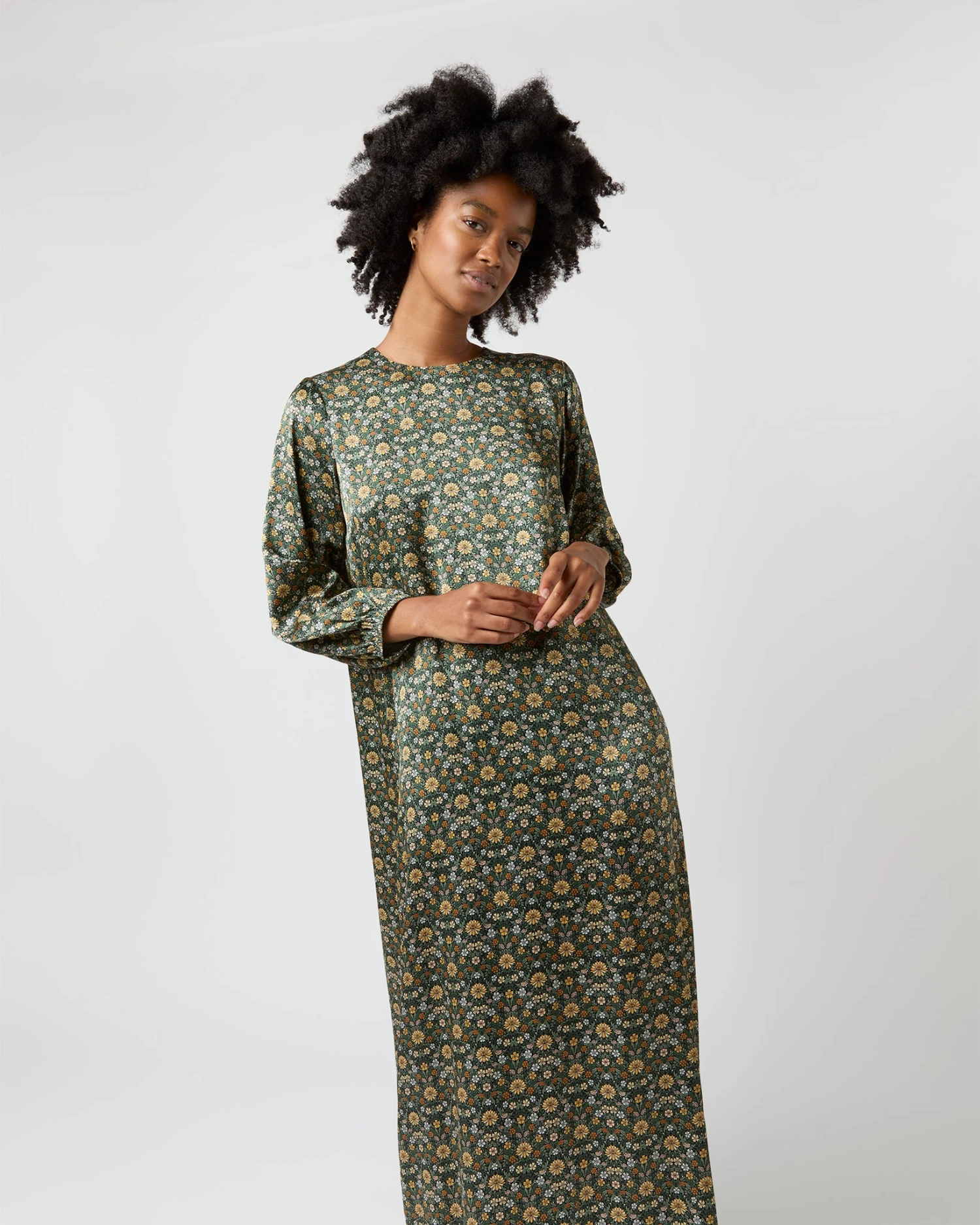 Long-Sleeved Paige Maxi Dress In Hunter/Gold Moon Flower Liberty Fabric Silk 6 Long-Sleeved Paige Maxi Dress In Hunter/Gold Moon Flower Liberty Fabric Silk - Image 6