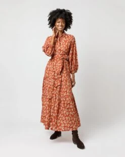 Isla Shirtdress In Orange Autumn Floral Crinkle Cotton