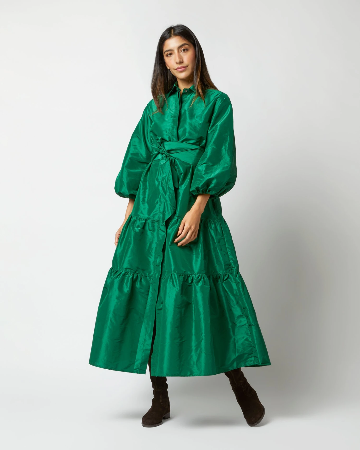 Isla Shirtdress In Green Silk Taffeta 1 Isla Shirtdress In Green Silk Taffeta