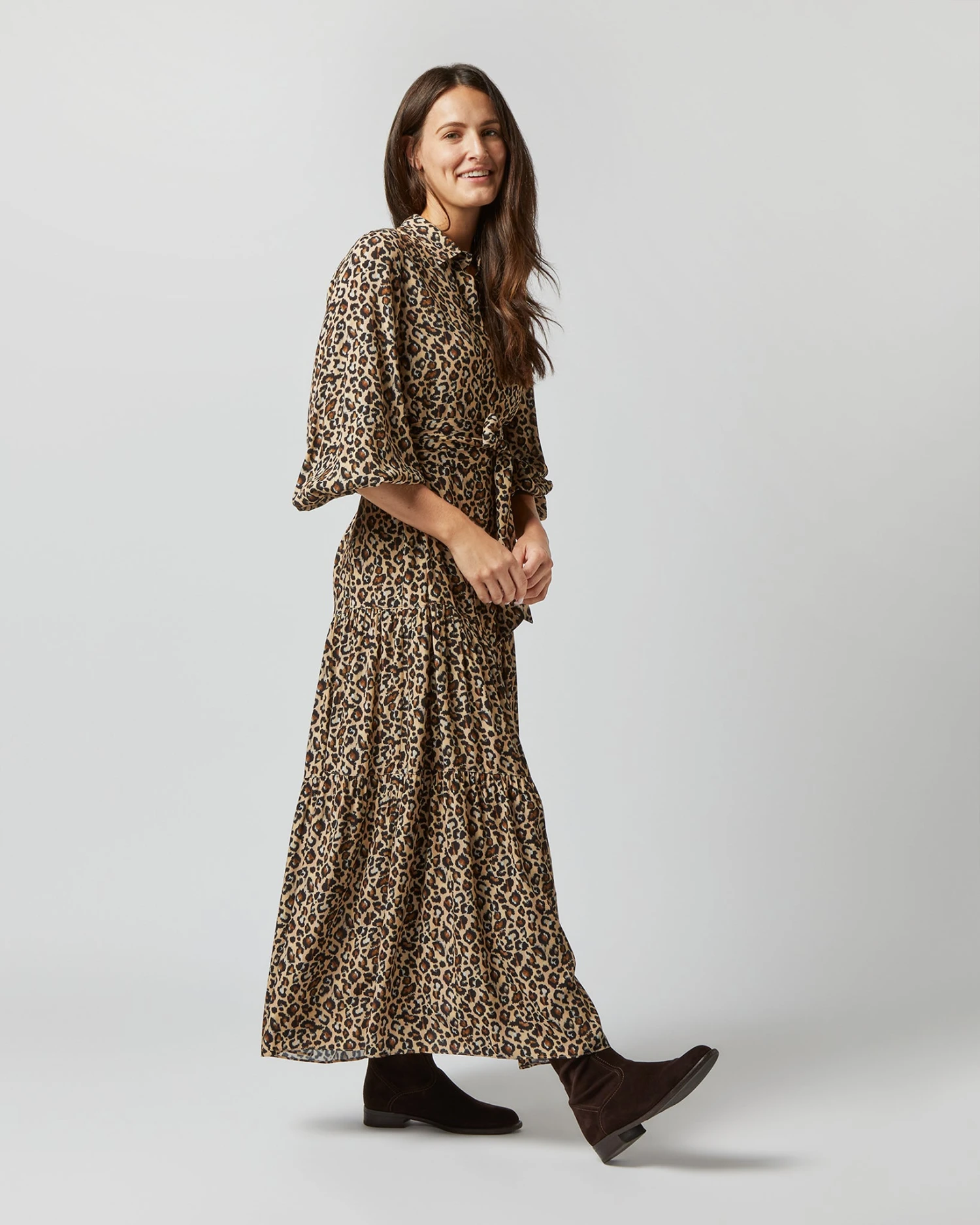 Isla Shirtdress In Camel/Black Painterly Leopard Crepe De Chine 1 Isla Shirtdress In Camel/Black Painterly Leopard Crepe De Chine