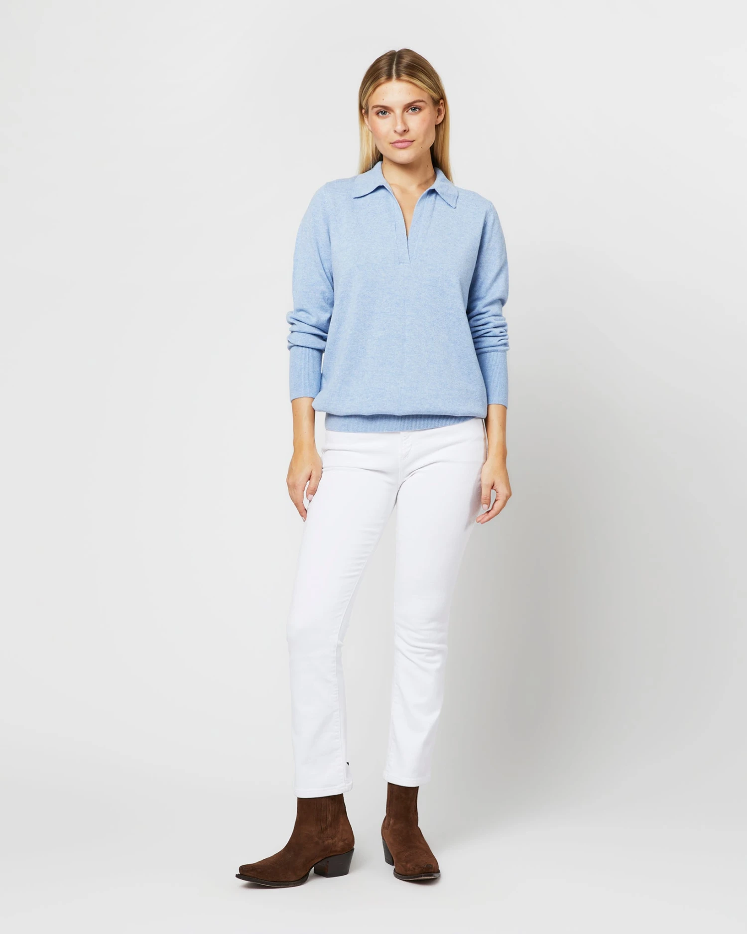 Cydney Johnny-Collar Sweater In Pale Heather Blue Cashmere 1 Cydney Johnny-Collar Sweater In Pale Heather Blue Cashmere