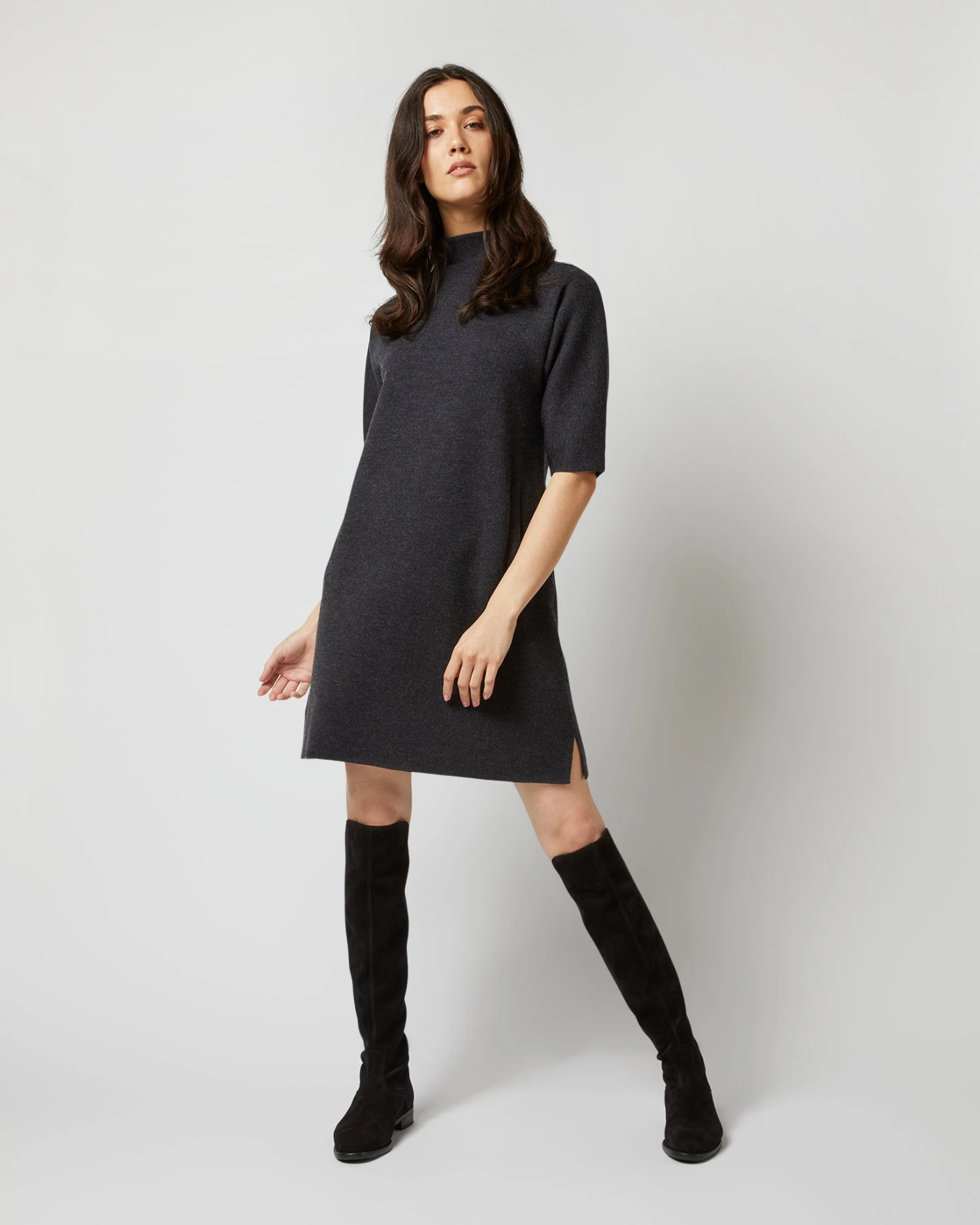 Rowan Short-Sleeved Funnel-Neck Dress In Heather Coal Merino Wool 1 Rowan Short-Sleeved Funnel-Neck Dress In Heather Coal Merino Wool