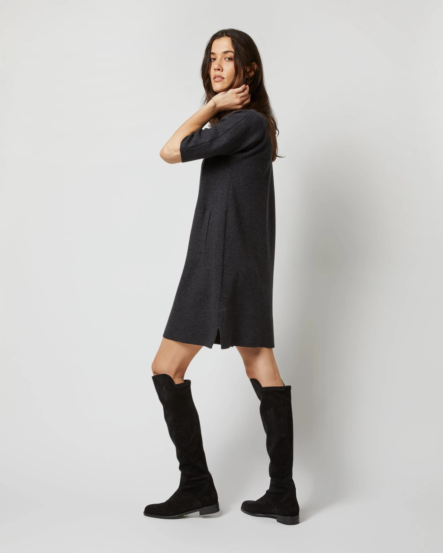 Rowan Short-Sleeved Funnel-Neck Dress In Heather Coal Merino Wool 3 Rowan Short-Sleeved Funnel-Neck Dress In Heather Coal Merino Wool - Image 3