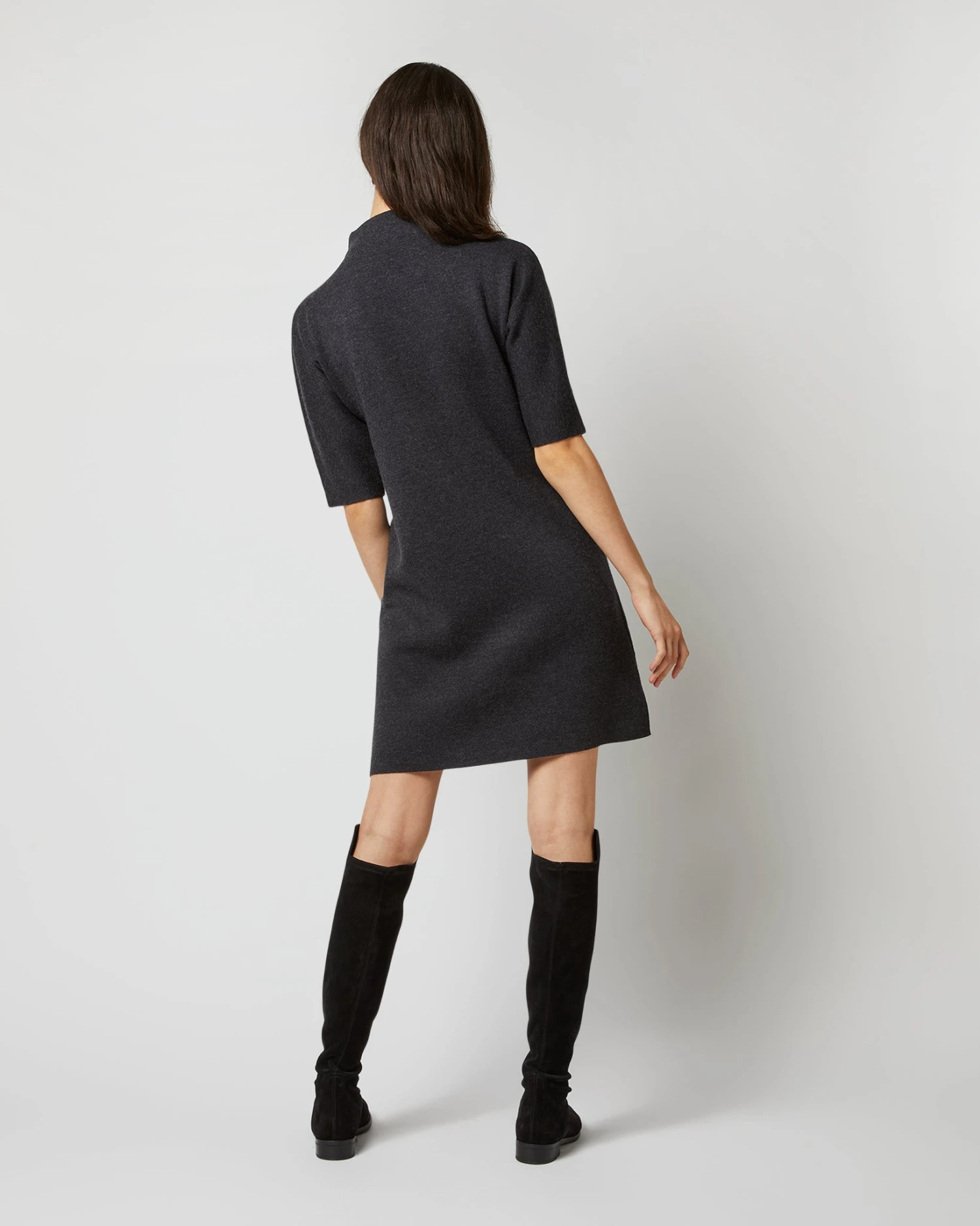 Rowan Short-Sleeved Funnel-Neck Dress In Heather Coal Merino Wool 5 Rowan Short-Sleeved Funnel-Neck Dress In Heather Coal Merino Wool - Image 5