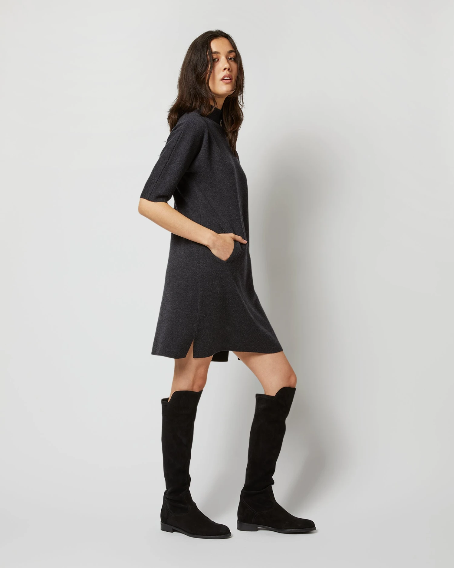 Rowan Short-Sleeved Funnel-Neck Dress In Heather Coal Merino Wool 2 Rowan Short-Sleeved Funnel-Neck Dress In Heather Coal Merino Wool - Image 2