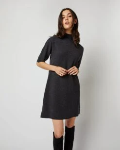 Rowan Short-Sleeved Funnel-Neck Dress In Heather Coal Merino Wool 11 Rowan Short-Sleeved Funnel-Neck Dress In Heather Coal Merino Wool -HERNO || ULLA JOHNSON || A.P.C. Shop S71437 678