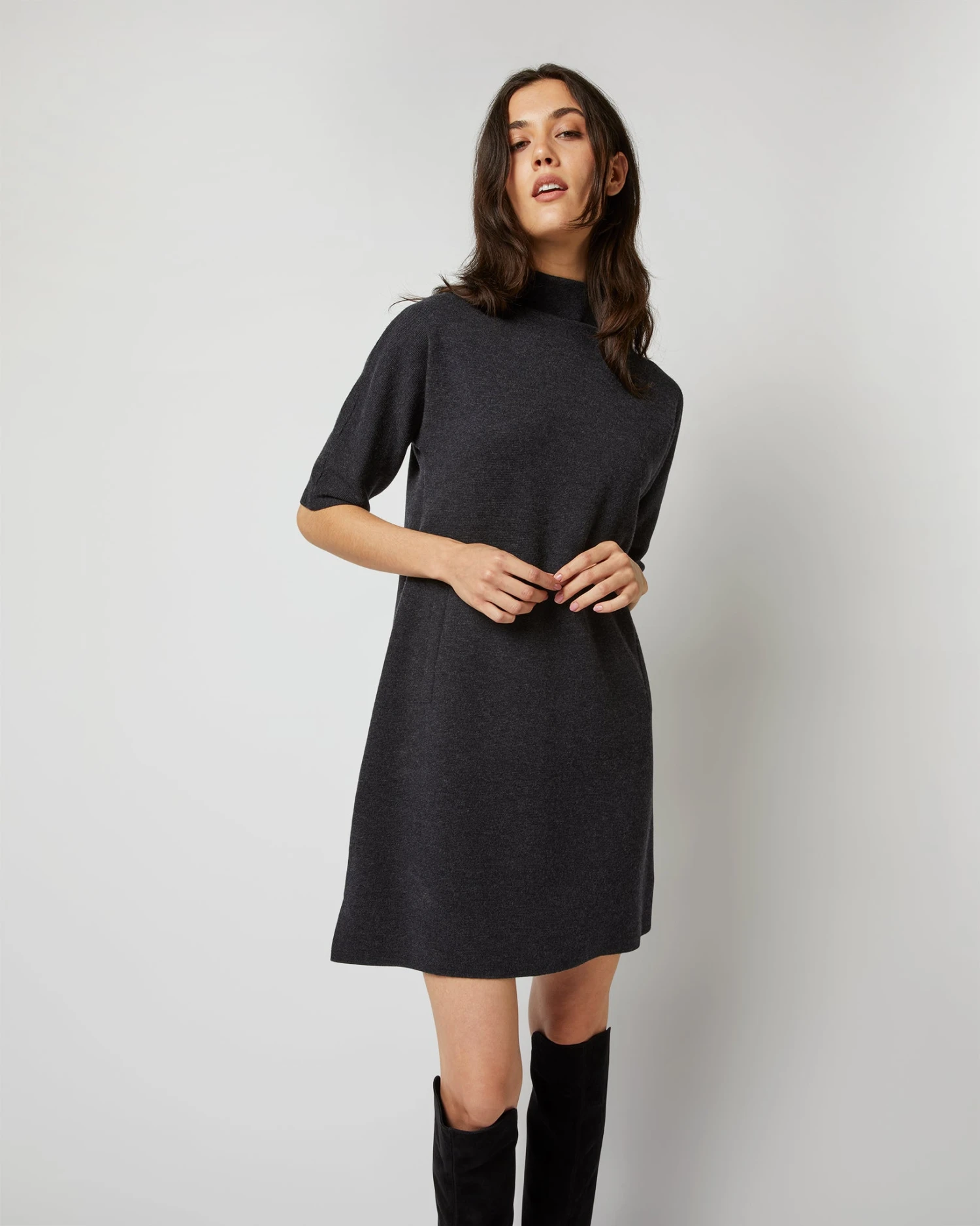 Rowan Short-Sleeved Funnel-Neck Dress In Heather Coal Merino Wool 4 Rowan Short-Sleeved Funnel-Neck Dress In Heather Coal Merino Wool - Image 4