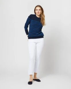 Cydney Boyfriend Crewneck Sweater In Navy/Blue Stripe Cashmere 7 Cydney Boyfriend Crewneck Sweater In Navy/Blue Stripe Cashmere -HERNO || ULLA JOHNSON || A.P.C. Shop S71454 1421