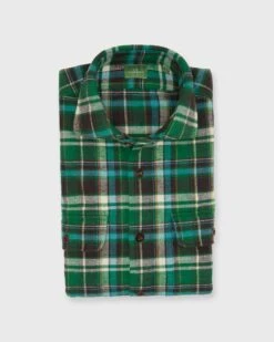 Band-Hem Work Shirt In Green/Brown/Sky Plaid Twill