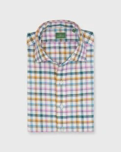 Spread Collar Sport Shirt In Pink/Scotch/Glacier Brushed Twill