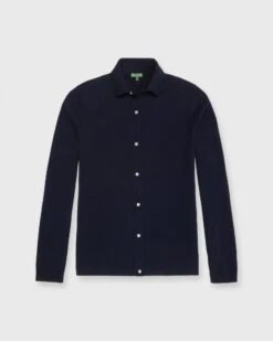 Long-Sleeved Full-Placket Sweater In Navy Cotton
