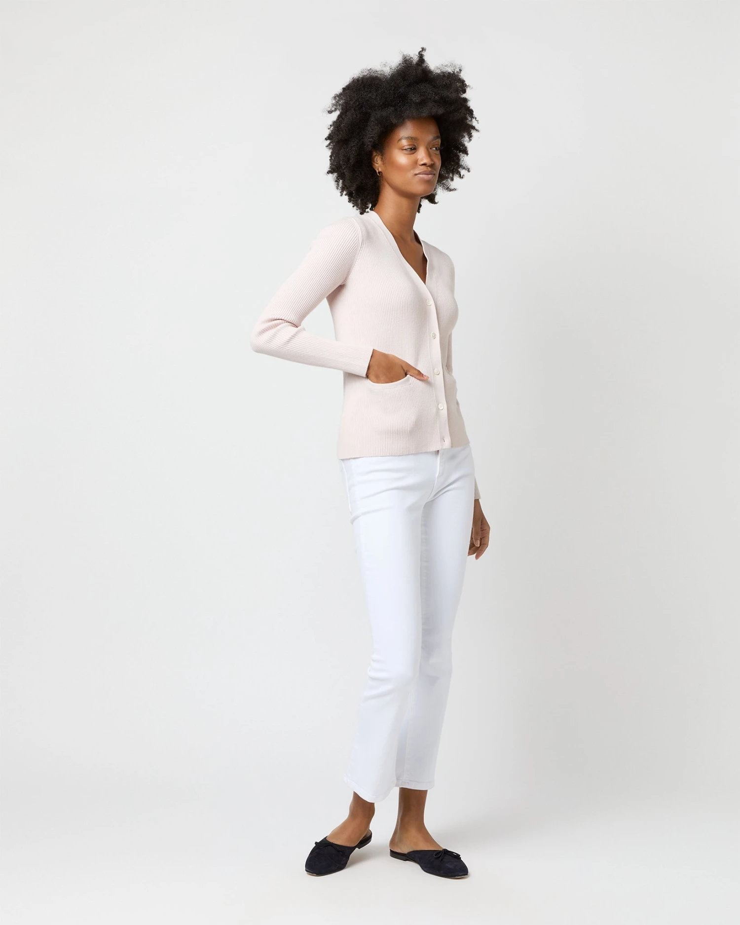 Nia Long-Sleeved Ribbed Cardigan In Blush Cotton/Silk 6 Nia Long-Sleeved Ribbed Cardigan In Blush Cotton/Silk - Image 6