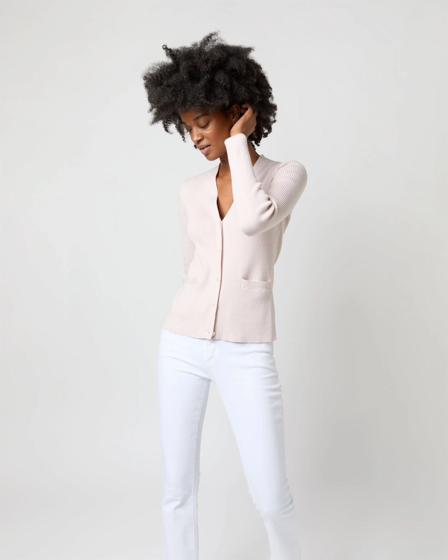 Nia Long-Sleeved Ribbed Cardigan In Blush Cotton/Silk 5 Nia Long-Sleeved Ribbed Cardigan In Blush Cotton/Silk - Image 5