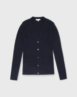 Nia Long-Sleeved Ribbed Cardigan In Navy Cotton/Silk