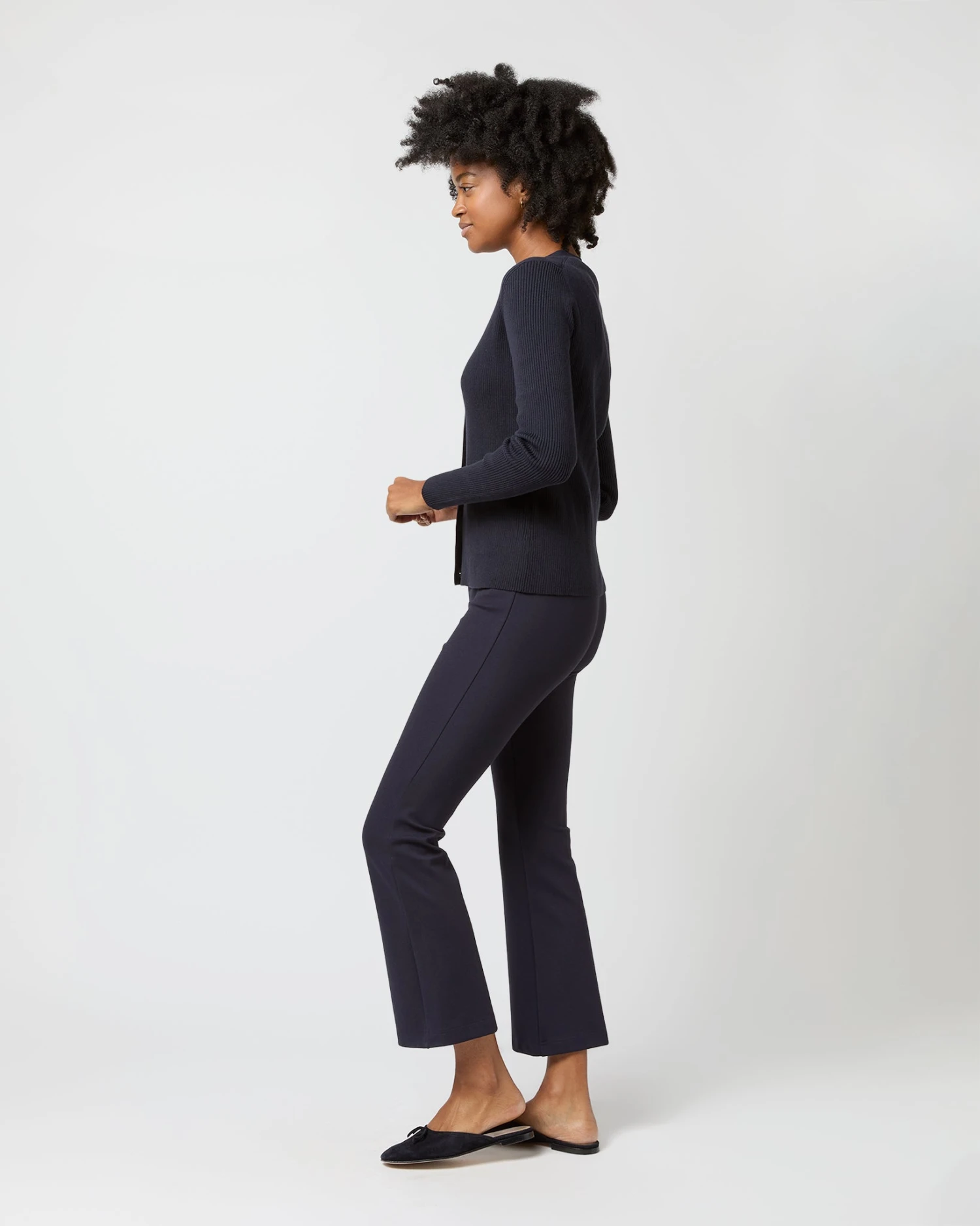 Nia Long-Sleeved Ribbed Cardigan In Navy Cotton/Silk 4 Nia Long-Sleeved Ribbed Cardigan In Navy Cotton/Silk - Image 4